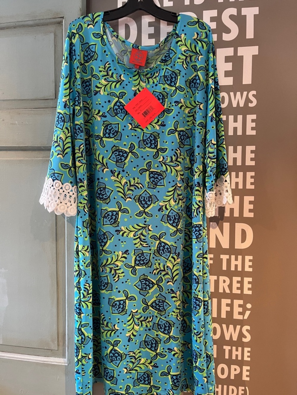 Tracy Negoshian Lagoon Blue & Lime Fish-Print dress.